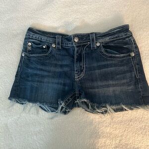 Miss Me Dark Blue Jean Shorts with Frayed Hem